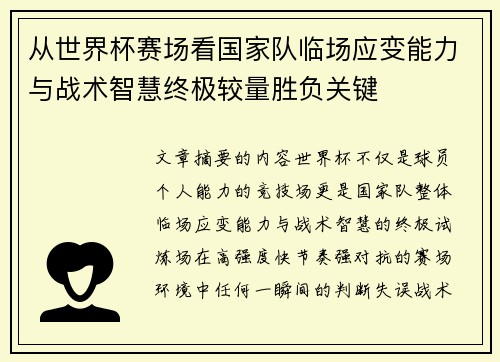 从世界杯赛场看国家队临场应变能力与战术智慧终极较量胜负关键