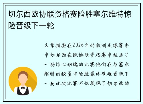 切尔西欧协联资格赛险胜塞尔维特惊险晋级下一轮